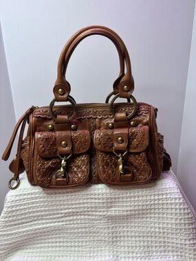 Isabella Fiore Brown Woven Leather Satchel Handbag